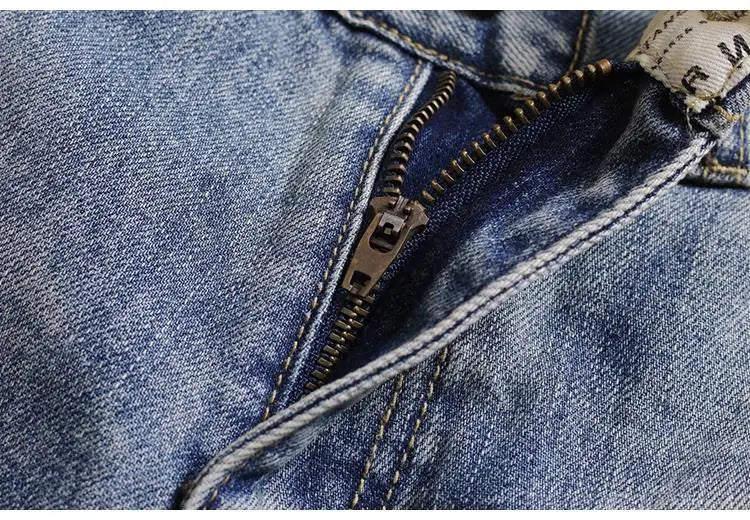 Men's Denim Shorts With Holes Washed Korean Style Straight Quarter  Patch Casual Jeans