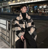 Plaid Woolen Trenchcoat Men Autumn Winter Fashion Retro Streetwear Suit Collar Loose Casual Trendy Trench Coat Outerwear