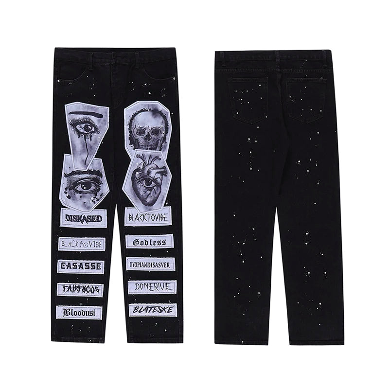 fashion skull graffiti patchwork denim jeans mens zipper jeans hip hop streetwear casual harajuku straight joggers jeans pants unique joggers style 994