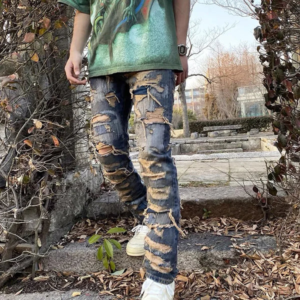 high street hole distressed ripped straight baggy jeans for men washed patchwork casual cargo pants oversized denim trousers baggy cargo bottoms