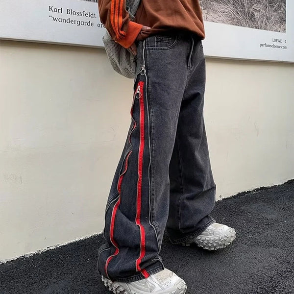 2023 cool design side zipper oversize hip hop men wide jeans pants y2k clothes straight loose punk denim trousers pantalon homme stacked flare jeans