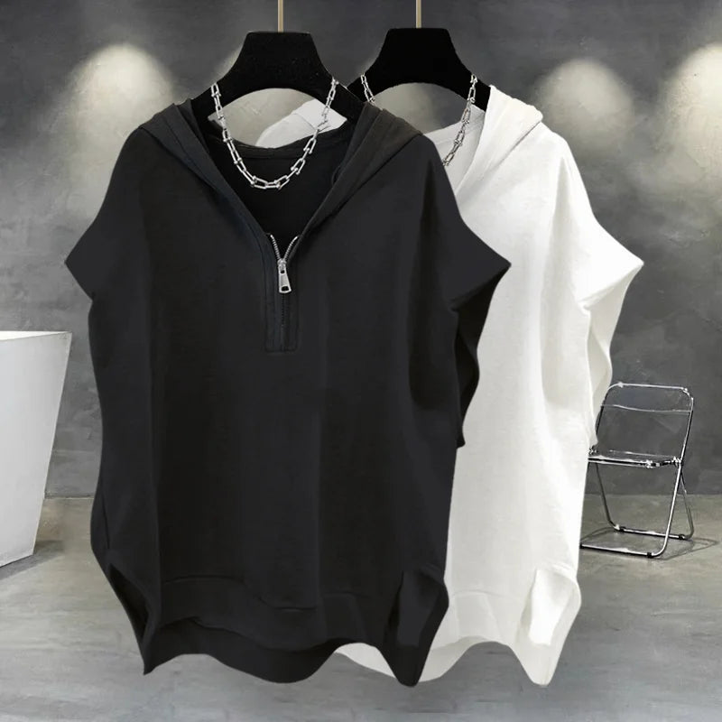 Glitchcore Barcode glitch – Summer Zipper Hooded Sleeveless T Shirt Mens Korean Fashion