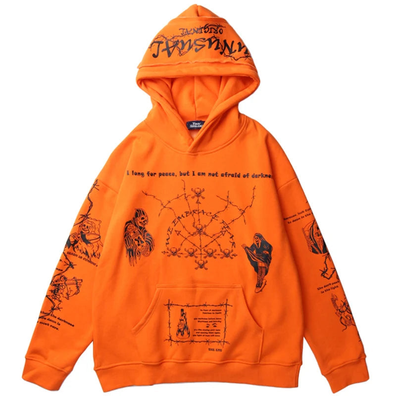 2023 Hip Hop Hoodie Sweatshirt Men Streetwear Skull Graffiti Print Hoodie Pullover Cotton Autumn Grey Harajuku Punk Clothes New