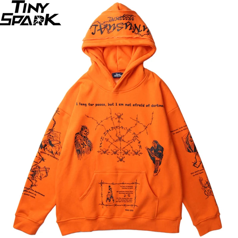 2023 Hip Hop Hoodie Sweatshirt Men Streetwear Skull Graffiti Print Hoodie Pullover Cotton Autumn Grey Harajuku Punk Clothes New