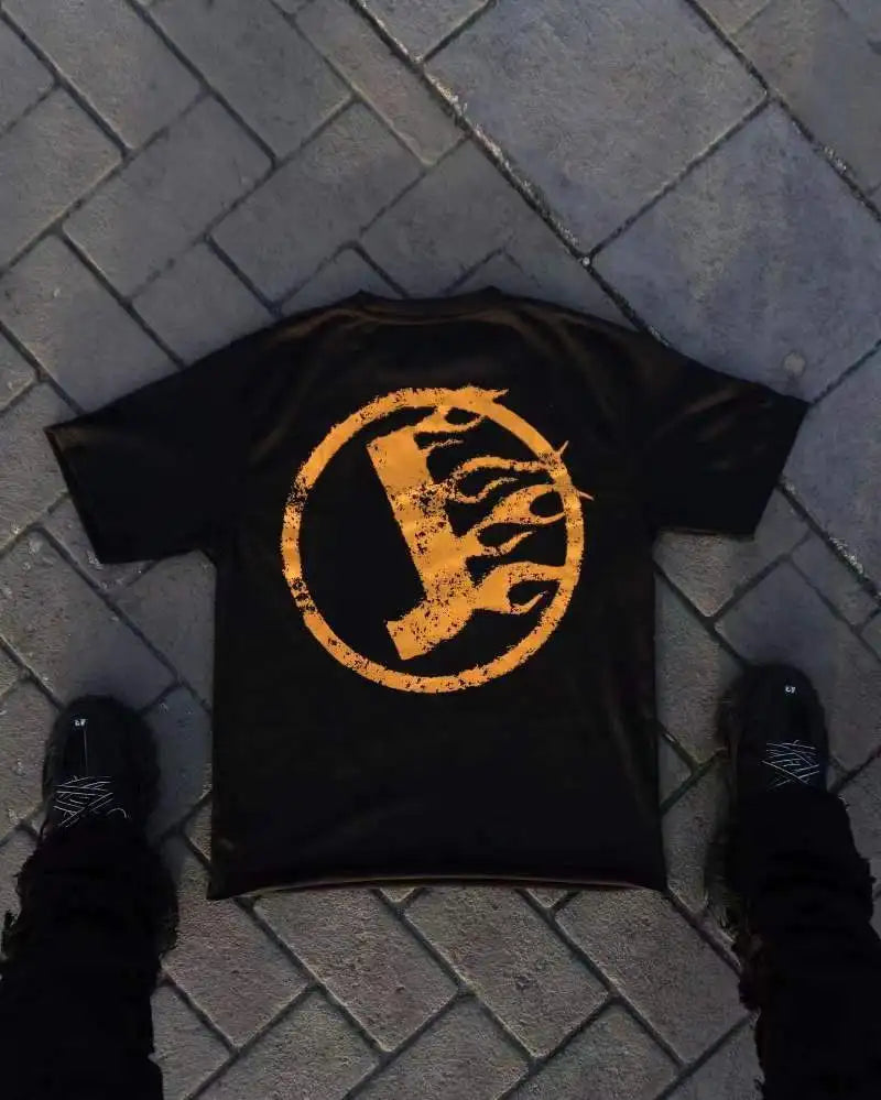 Glitchcore Tribal flame – American Gothic Quirky Letter Print Oversized T Shirt Mens F