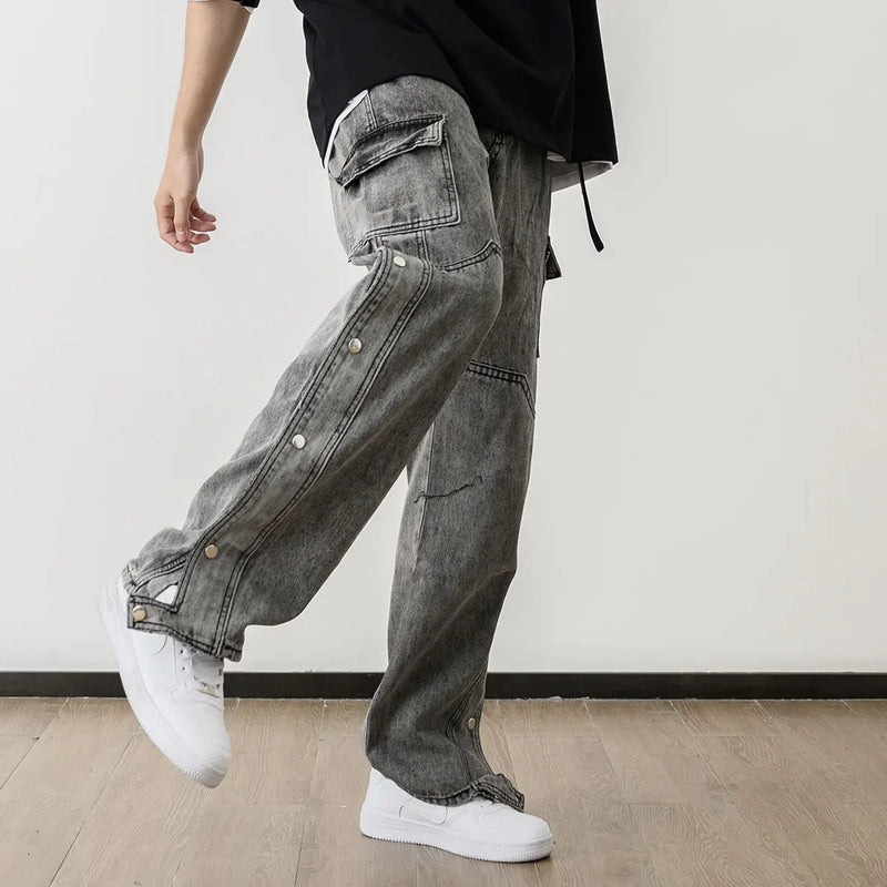 men fashion denim jeans casual bottom button open straight jeans with pockets hip hop streetwear zipper cargo joggers jean pants unique joggers style 2513