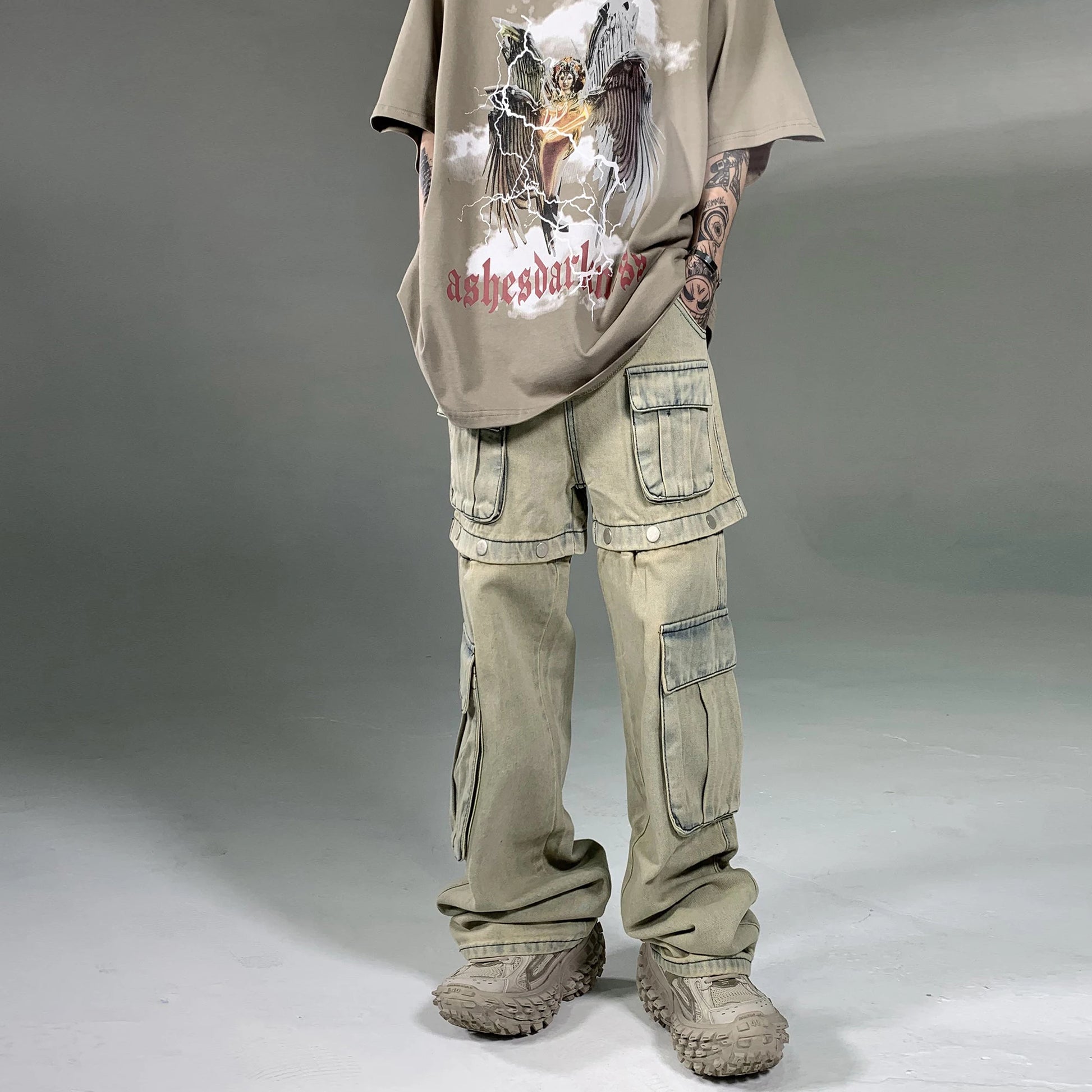 american retro buttons detachable design wide cargo jeans mens womens straight leg pants hip hop washed jeans overall 2023 multi-pocket cargos