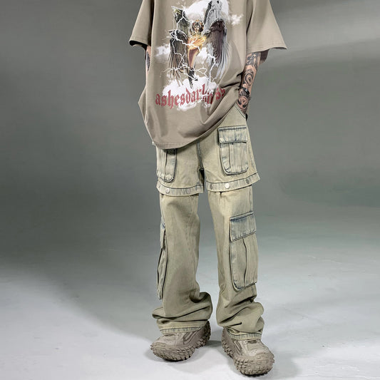 american retro buttons detachable design wide cargo jeans mens womens straight leg pants hip hop washed jeans overall 2023 multi-pocket cargos