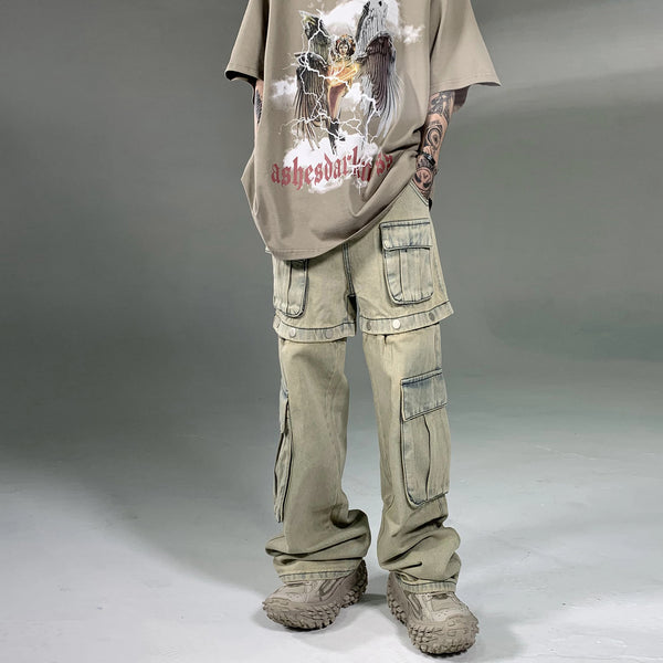 american retro buttons detachable design wide cargo jeans mens womens straight leg pants hip hop washed jeans overall 2023 multi-pocket cargos