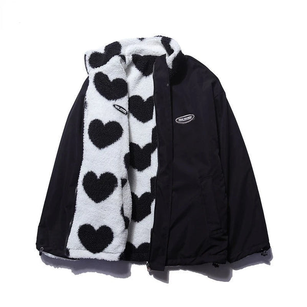 bold graphic coat, high-street look, for men, fall streetwear outfit, oversized style, layered fashion, modern aesthetic, graphic detail