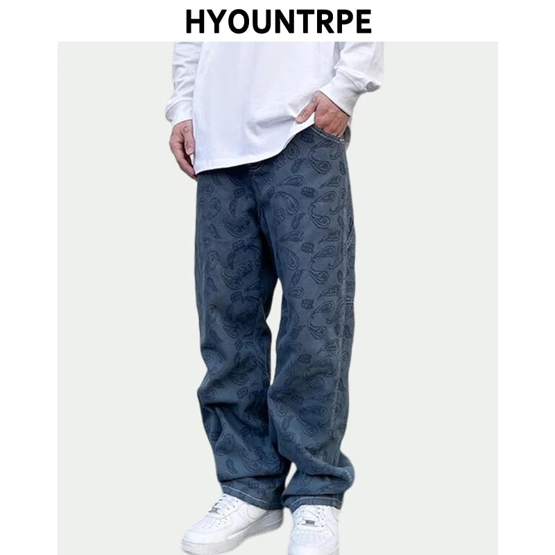 hip hop straight denim jeans pants fashion zipper paisley jeans streetwear mens new casual loose trousers jean pants joggers sporty tapered joggers