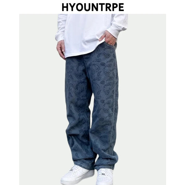 hip hop straight denim jeans pants fashion zipper paisley jeans streetwear mens new casual loose trousers jean pants joggers sporty tapered joggers