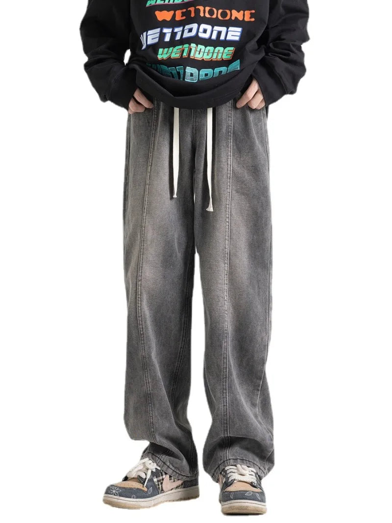 fashion loose streetwear denim pants unisex casual drewstring elastic waist jean pants hip hop trousers joggers mens baggy jeans relaxed fit joggers