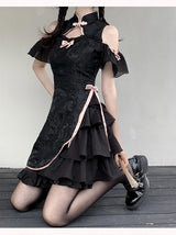 Vintage Chinese Style Cheongsam High Split Mini Dress 2024 Tie Dye Gothic Women Aesthetic Bandage Dresses Y2k Sexy Bodycon Robe