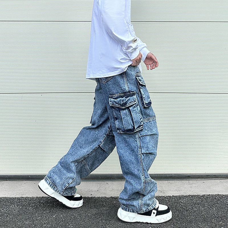 fashion loose streetwear cargo denim jeans unisex casual multi pocket wide legs jean pants hip hop joggers mens baggy jeans unique joggers style 2965