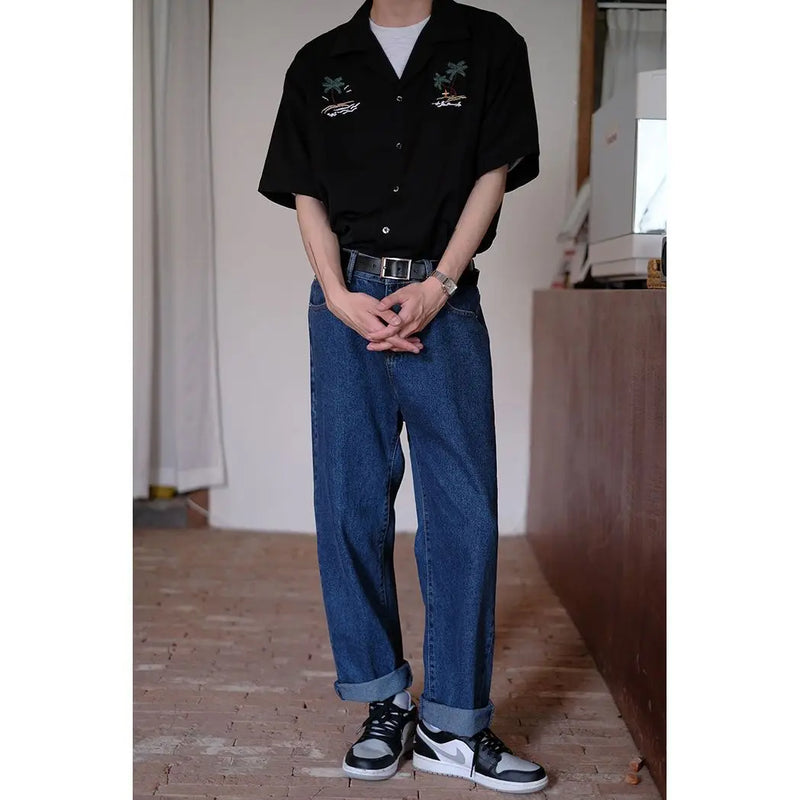 Summer Japanese loose shirt men s coconut tree national trend uban collar ins beach shirt retro trendy brand top shirts for men