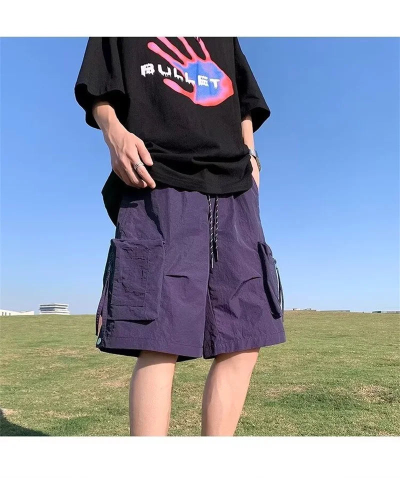 summer casual purple cargo shorts men high street drawstring pocket baggy short sweatpants y2k hip hop bermudas homme shorts unique joggers style 171