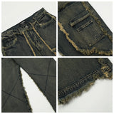 streetwear heavy craft washed distressed faded jeans flare slim straight tassel jeans for men and women raw edge denim pants unique jeans style 651