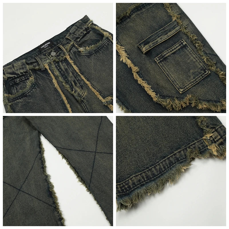 streetwear heavy craft washed distressed faded jeans flare slim straight tassel jeans for men and women raw edge denim pants unique jeans style 651