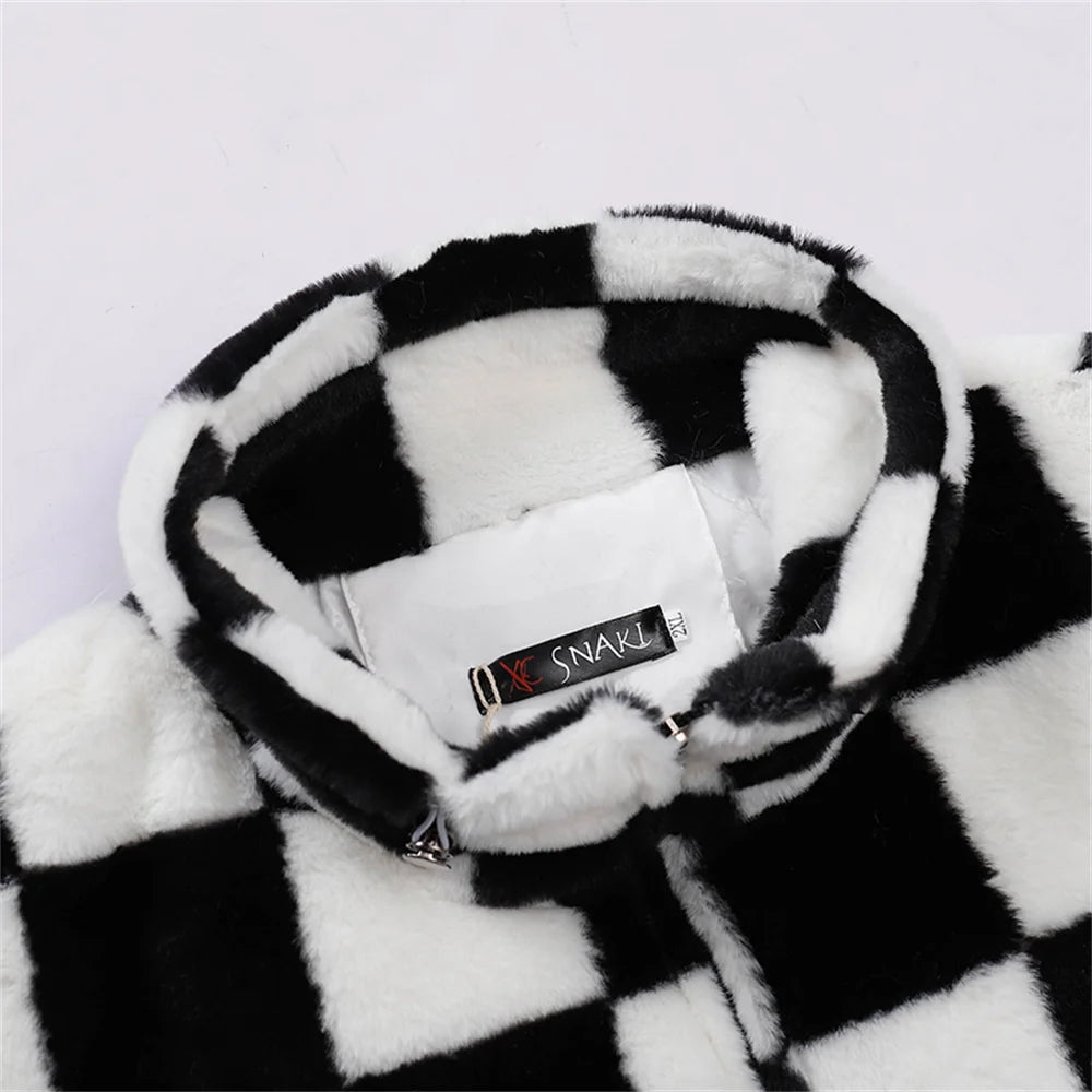 Abcvan Snaki 2023 New High Quality Black and White Plaid Rabbit Hair Cotton Coat Men's and Women's Coat