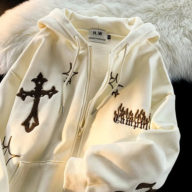 Gothic Embroidery Hoodies Women Retro Harajuku Hip Hop Jacket High Str