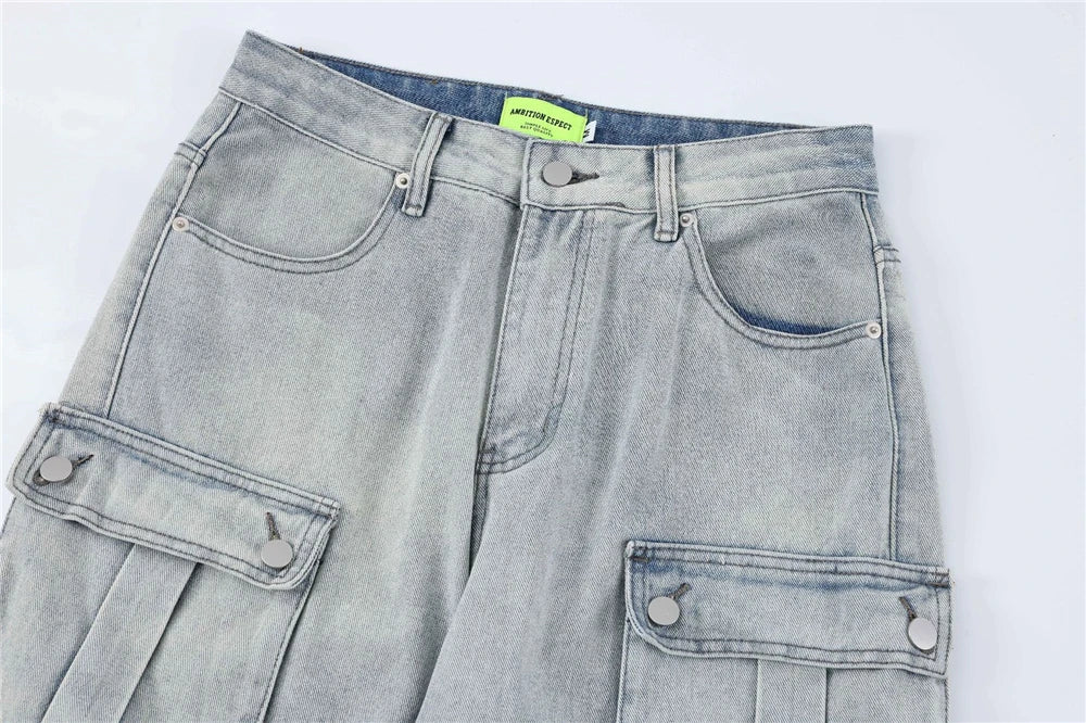 2024 multi pocket jeans vintage mens harajuku cargo denim pants retro hip hop straight loose jean pants unique cargo style 900