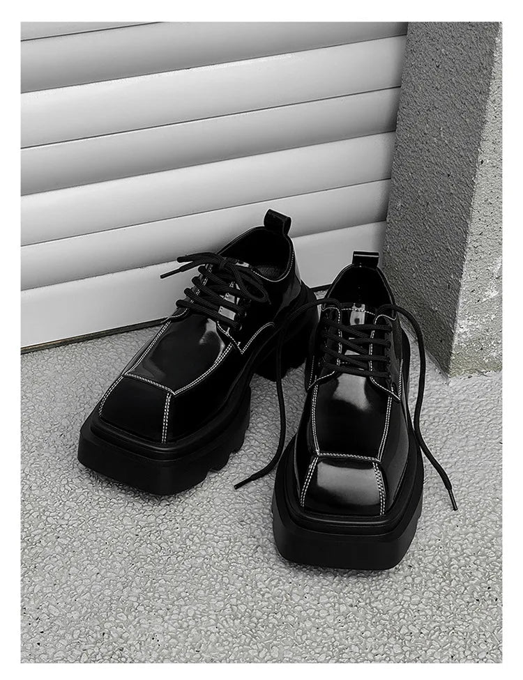 Men Streetwear Dark Black Fashion Thick Sole Platform PU Leather Casual Luxury High Street Increase Square Derby Shoes Man