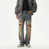 men broken hole patch loose casual plus size straight ripped denim pants jeans man streetwear fashion baggy jeans trousers unique jeans style 3156