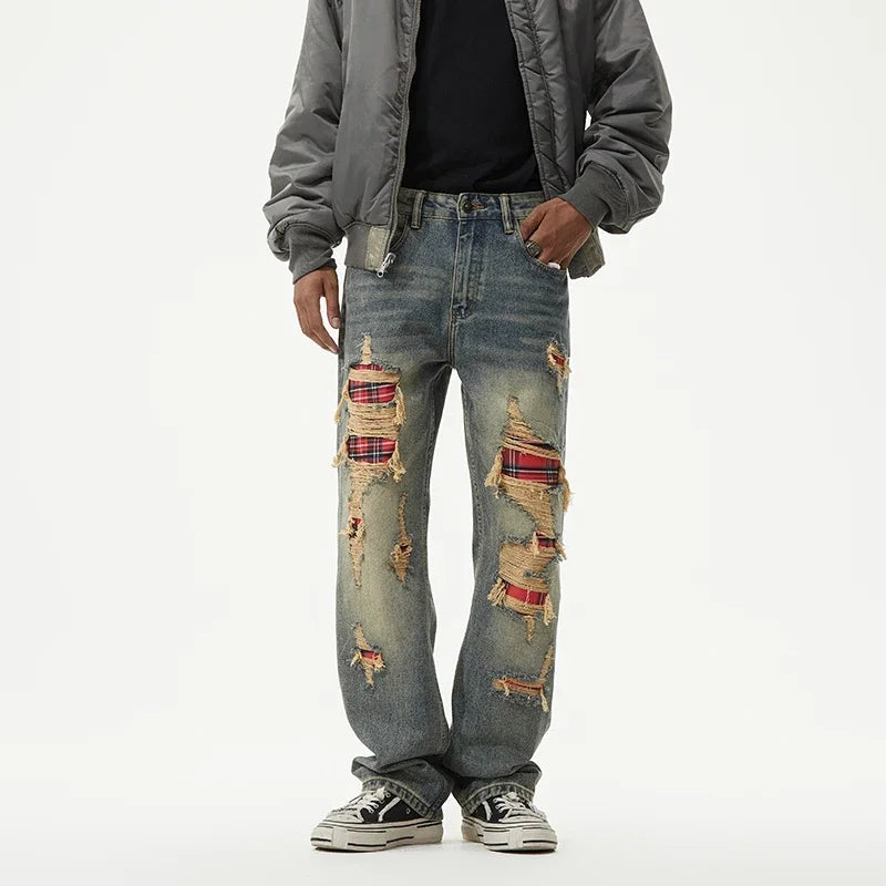 men broken hole patch loose casual plus size straight ripped denim pants jeans man streetwear fashion baggy jeans trousers unique jeans style 3156