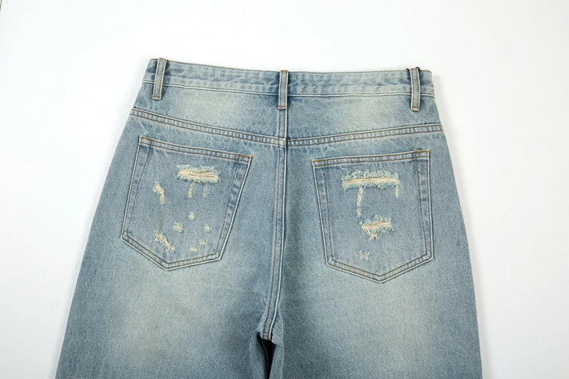 washed blue oversized torn jeans for men streetwear hip hop large destroyed wide leg jeans baggy straight ripped denim pants unique jeans style 5454