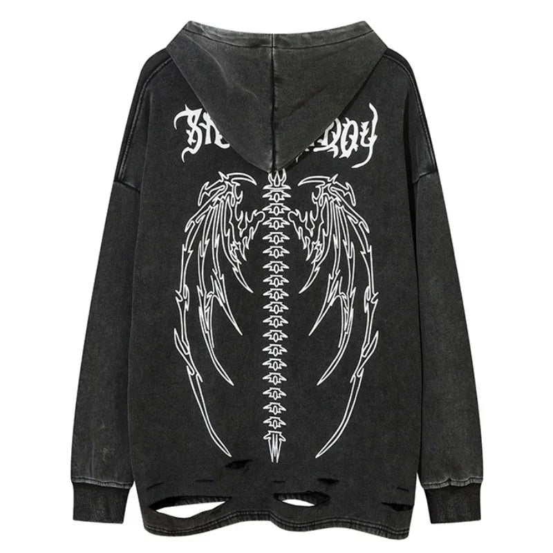 cyberpunk crying character featuring fashion skull printed hoodies hip hop retro washed bottom ripped sweatshirt streetwear men hooded warm fleece loose tops hoodies