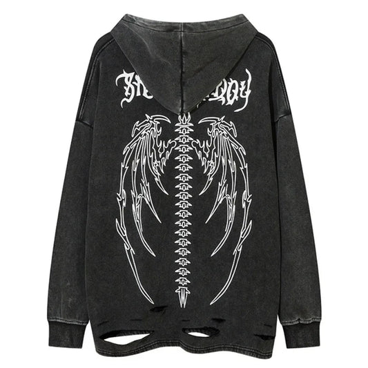 cyberpunk crying character featuring fashion skull printed hoodies hip hop retro washed bottom ripped sweatshirt streetwear men hooded warm fleece loose tops hoodies