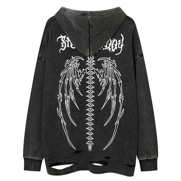 cyberpunk crying character featuring fashion skull printed hoodies hip hop retro washed bottom ripped sweatshirt streetwear men hooded warm fleece loose tops hoodies