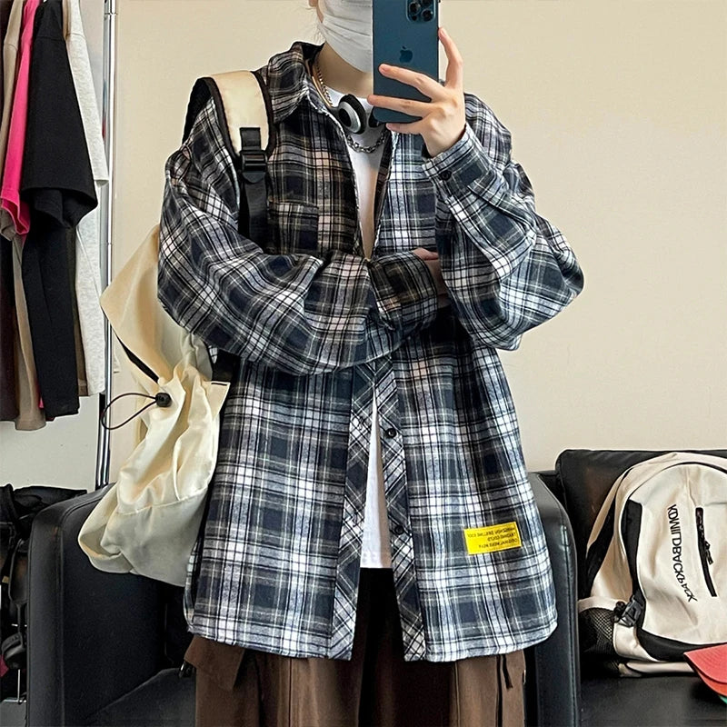 Men Oversized Fashion Retro Casual Shirt Men Streetwear Korean Loose Plaid Shirt