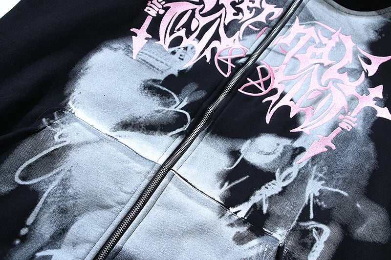 Chaopin High Street Brushed Kanye Vintage Dinosaur Bone Print Hoodie H