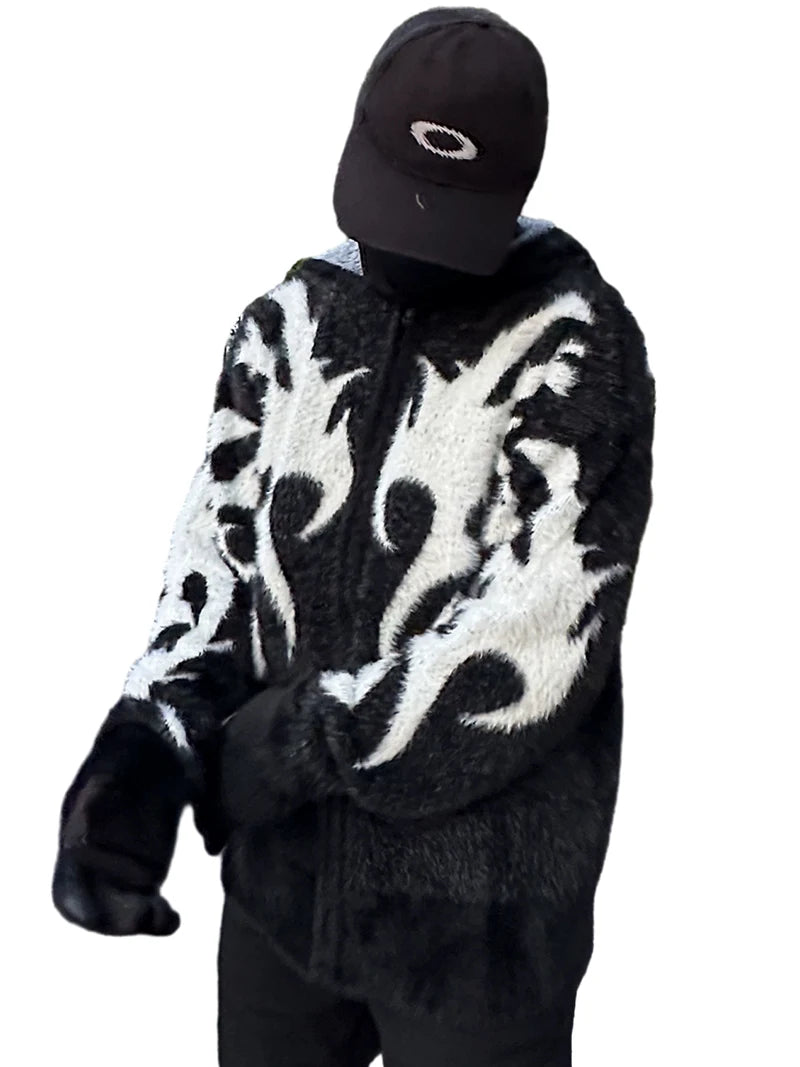 mens hooded cardigan sweater fashion harajuku pattern streetwear hip hop zipper warm knitted sweaters hood coats unisex jumpers - Y2K grunge street style, trendy hip hop fashion hoodie, vintage look oversized hoodie