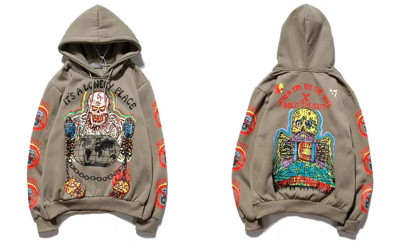 Punk Hoodie Men Streetwear Hip Hop Skull Skeleton Print Gothic Fleece