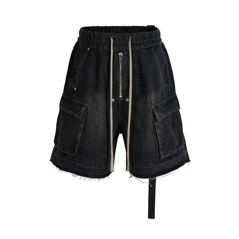 Men's and Women's High Street Vintage Splicing Cat Whisker Cargo Denim Shorts Zip Up Raw Edges Pockets Mens Jeans Shorts Ribbon