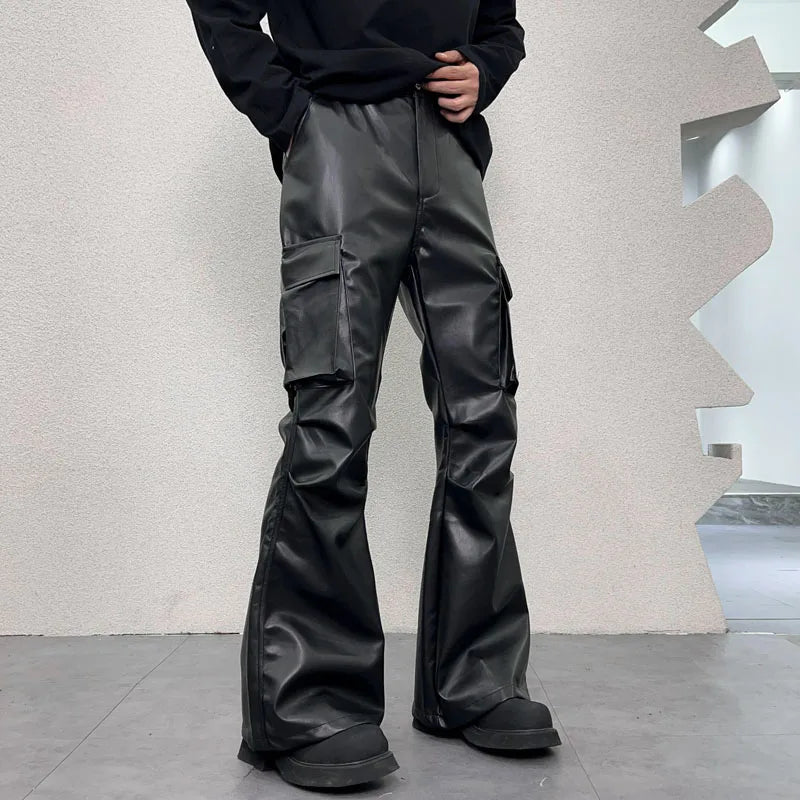 pu leather pants mens streetwear fashion hip hop vibe casual faux leather cargo flared pant men motorcycle trousers unique cargo style 3076