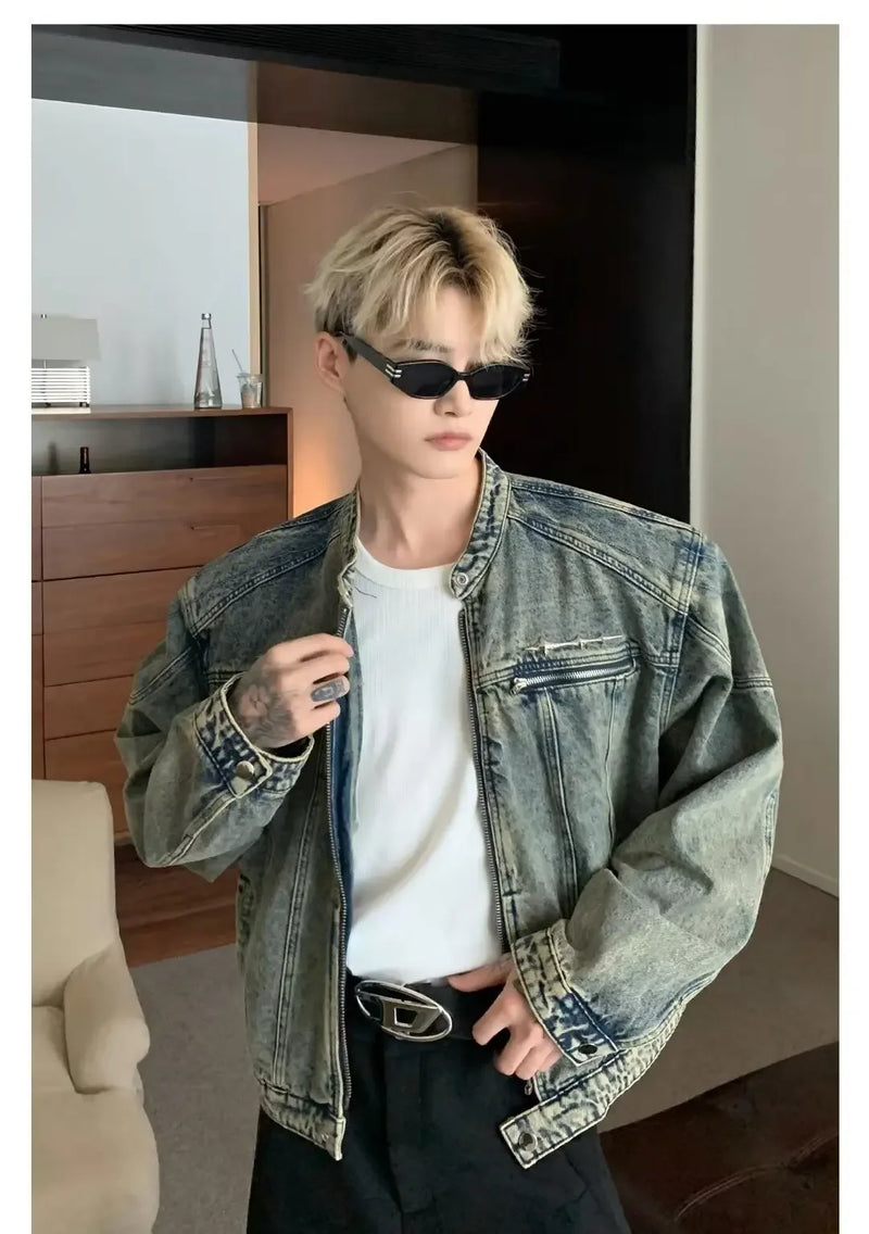 Mens Denim Jackets American Style High Street Zippers Coat Vintage Was