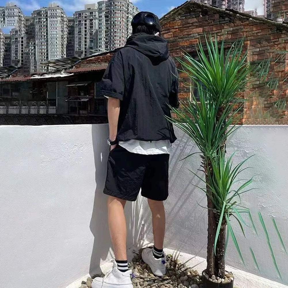 Summer New Casual Loose High-Quality Zipper Fashion Hooded Work Top Solid Color Trendy Shorts Set