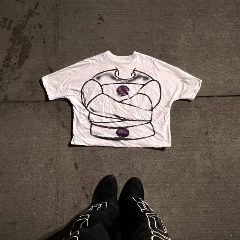 Skatercore Anime panel – American Fashion Trend Letter Print Oversized Round T Shirt