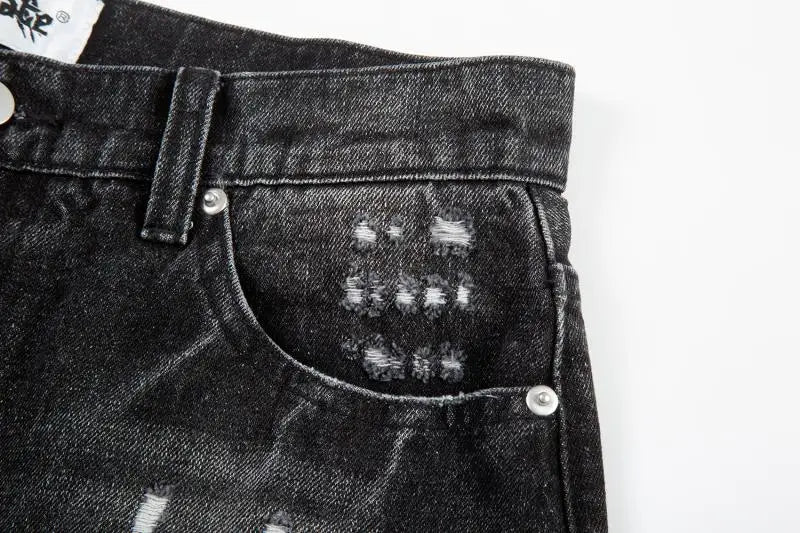 high street black washed straight jeans lowrise hip hop ripped jeans pants for men baggy vintage fashion wide denim pants women unique jeans style 5367