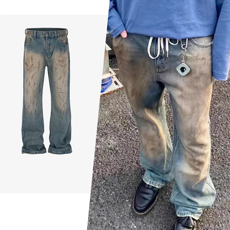 vintage blue dirty baggy jeans men hi street straight denim pants streetwear hip hop loose jeans trousers vintage washed jeans