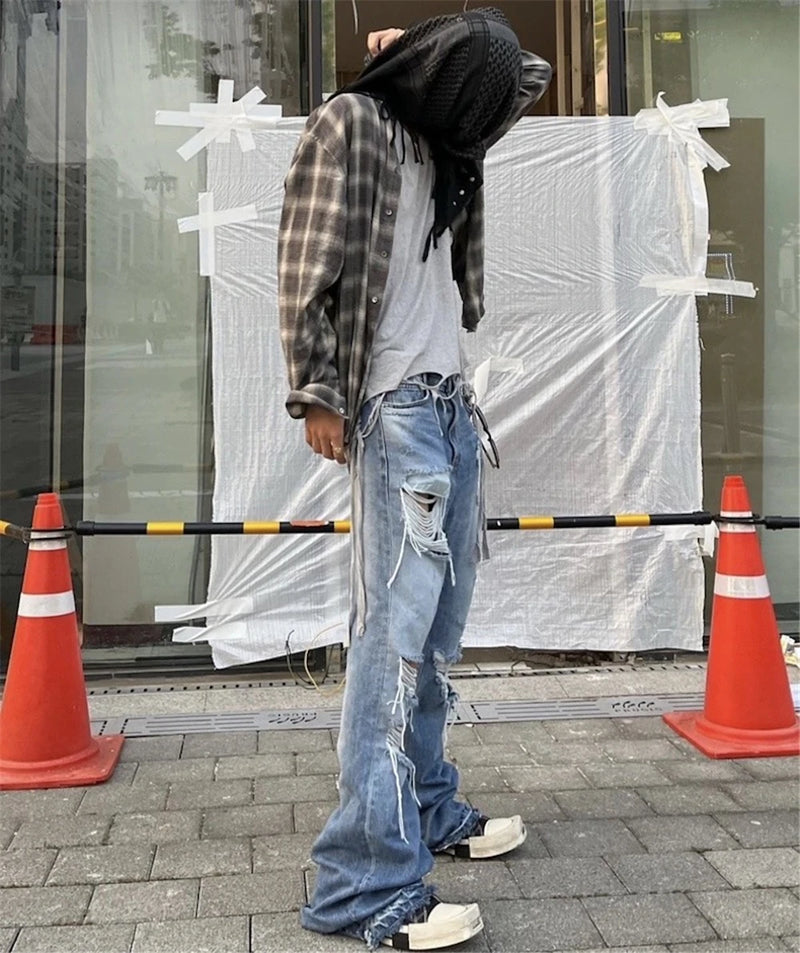 vintage ripped flared jeans blue straight baggy jeans trousers streetwear luxury loose casual distressed denim pants male unique jeans style 598
