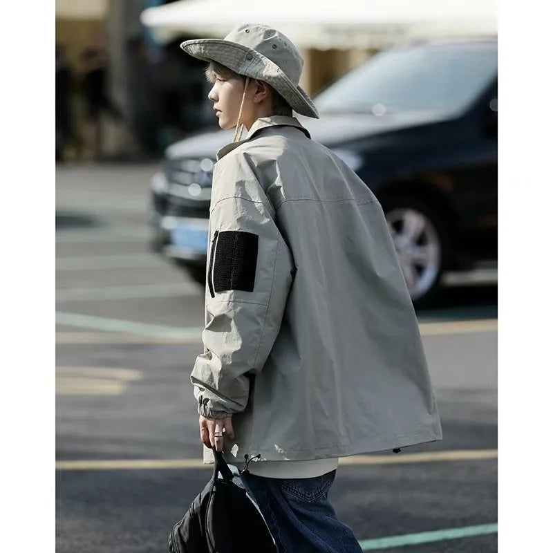 Outdoor Mens Charge Jacket Retro Loose Stand Collar Waterproof Tooling