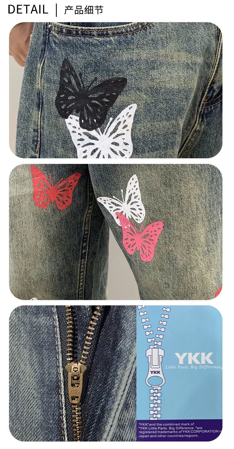 butterfly print jeans men streetwear fashion vibe loose casual hiphop straight washed denim pant jeans cityboy teen trousers unique jeans style 2675