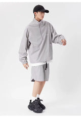 quick drying two piece set men loose casual street sweatshirt shorts y2k stand collar casual loose lightweight suits american unique shorts style 491