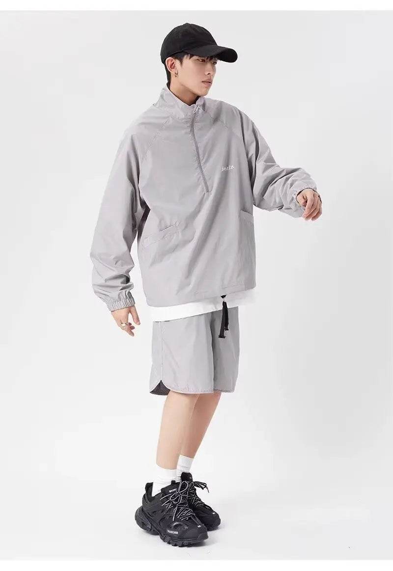 quick drying two piece set men loose casual street sweatshirt shorts y2k stand collar casual loose lightweight suits american unique shorts style 491