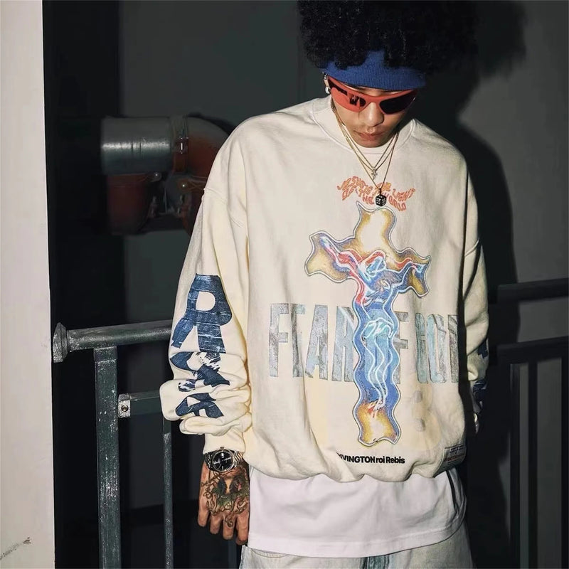 RRR123 Brand FASHION Jerry Same High-Street Print Gospel Cross Cotton Casual Long-Sleeved Roundneck Sweatshirt Pullover